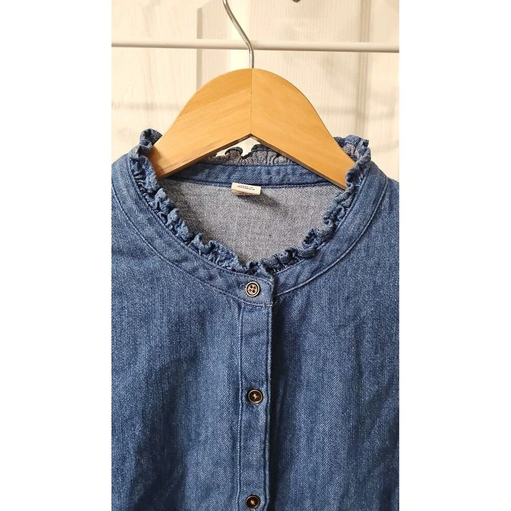 Old Navy Ruffle Collar Medium Wash Puff Sleeve Denim Chambray Blouse Size M